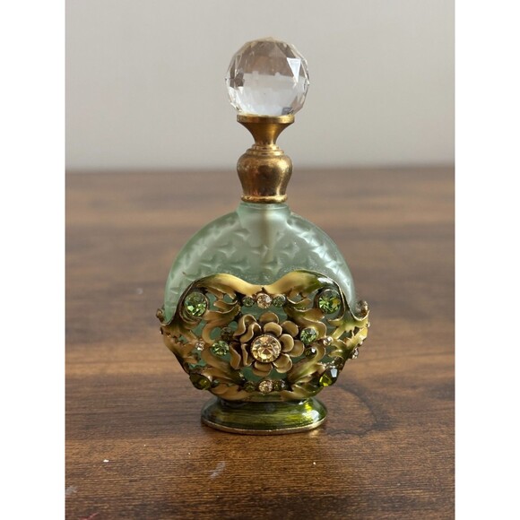 Green and Gold Small Floral Rhinestones Perfume Bottle with Dauber - Picture 1 of 8